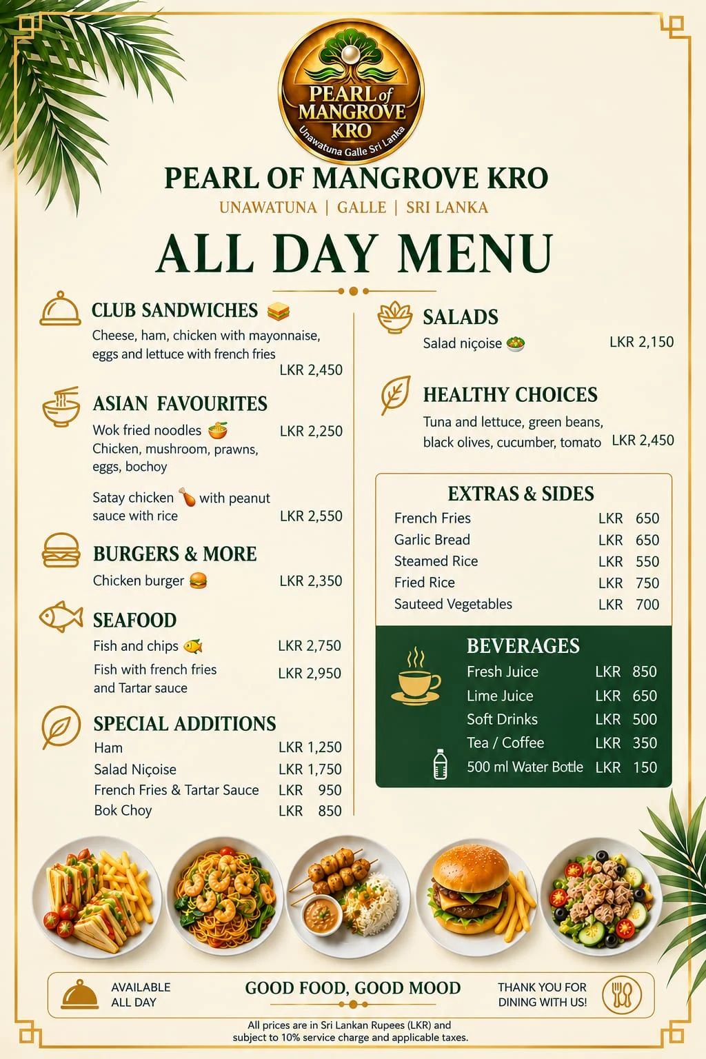 Pearl of Mangrove KRO All Day Menu with food, sides and beverages prices in LKR